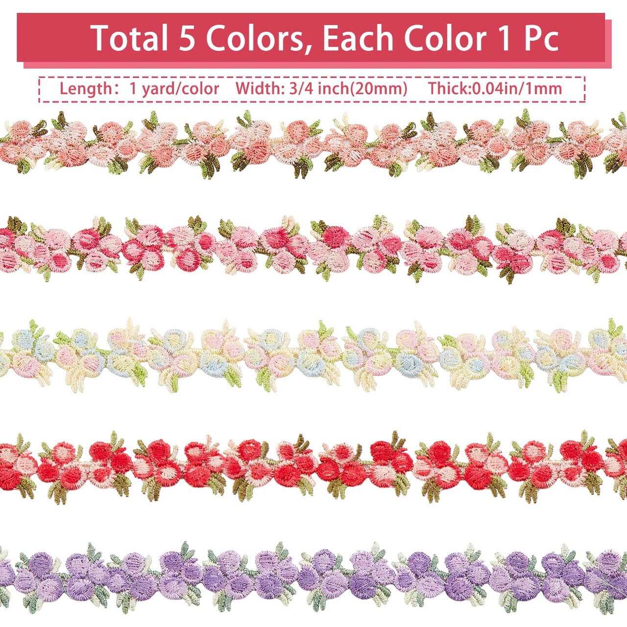5 Colors Flower Trim Ribbon Floral DIY Lace Applique Sewing Craft Rose Lace Edge Trim Decorating Embroidered Polyester for Wedding Dresses Embellishment DIY Party Decor Clothes, 5 Yards